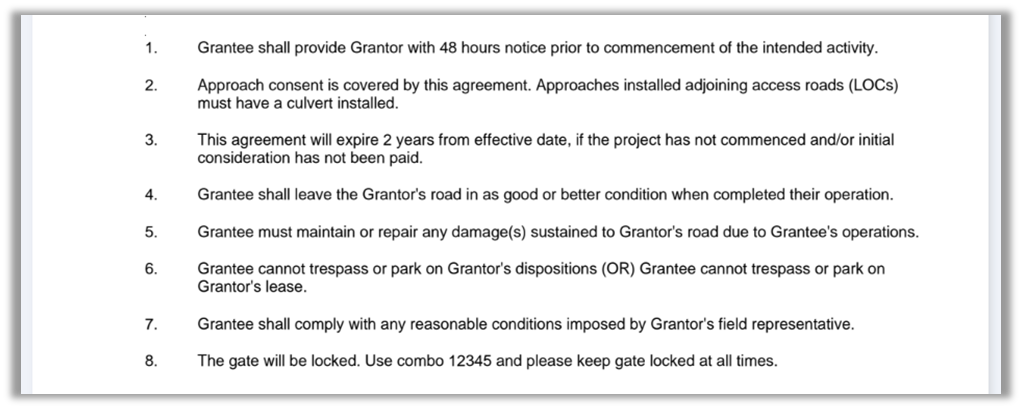 Example of the additional conditions included in the generated agreement